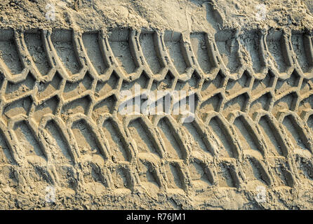 Auto tracce di pneumatici di stampe sulla spiaggia sabbiosa Foto Stock