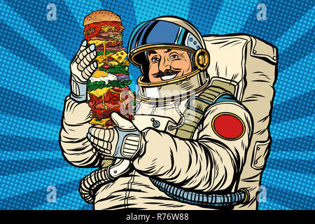 Astronauta Mustachioed con il gigante Burger Foto Stock