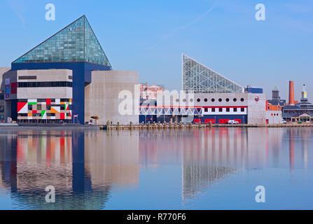 BALTIMORE, Stati Uniti d'America - 31 gennaio 2014: Acquario Nazionale al Porto Interno panorama in una fredda giornata invernale con la riflessione in ghiaccio. Foto Stock