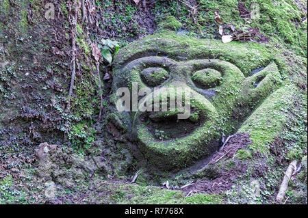 Moss-scultura coperto nella foresta, Goa Gajah elefante complesso Grotta, Bali, Indonesia Foto Stock