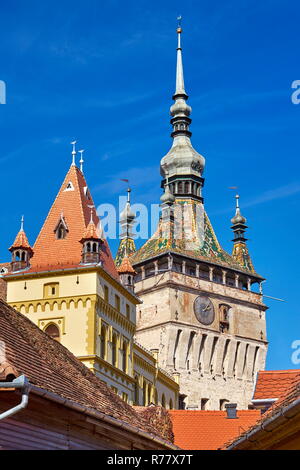 Clock Tower, Sighisoara città vecchia, Transilvania, Romania Foto Stock