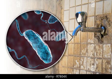 Sicurezza dell'acqua potabile. Illustrazione concettuale e fotografia che mostra il batterio Vibrio cholerae in una goccia di acqua da una vecchia strada tocca. Foto Stock