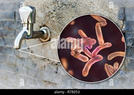 Sicurezza dell'acqua potabile. Illustrazione concettuale e fotografia che mostra il batterio Vibrio cholerae in una goccia di acqua da una vecchia strada tocca. Foto Stock