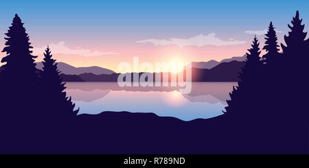 Il bel lago di sunrise viola la natura paesaggio illustrazione vettoriale EPS10 Illustrazione Vettoriale