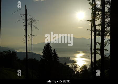 Il sole si rompe attraverso la nebbia oltre il lago di Lucerna Foto Stock