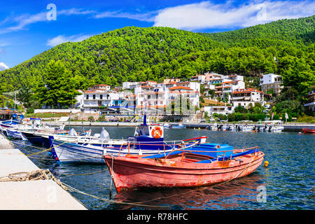 Bella Neo Klima village,vista panoramica,Skopelos, Grecia. Foto Stock