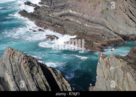 Drammatica e scogli colorati sul Alentejo West Coast a Cabo Sardao, Alentejo, Portogallo, con cicogne bianche nidificanti nella parte superiore delle scogliere rocciose Foto Stock