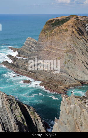 Drammatica e scogli colorati sul Alentejo West Coast a Cabo Sardao, Alentejo, Portogallo, con cicogne bianche nidificanti nella parte superiore delle scogliere rocciose Foto Stock