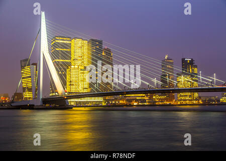 Skyline sul Nieuwe Maas river, Ponte Erasmus e grattacieli di Kop van Zuid trimestre, Rotterdam, Olanda Foto Stock