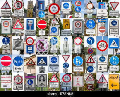Collage di vari segnaletica stradale e le indicazioni per ciclisti Foto Stock