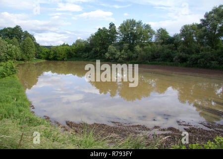 Campo allagato con acqua marrone in primavera al giorno Foto Stock