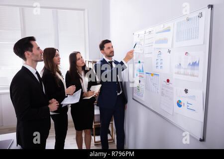 Gli imprenditori analizzando i grafici su una lavagna bianca Foto Stock