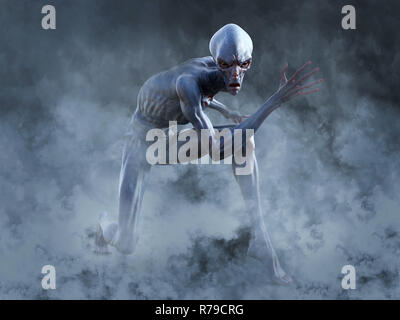 3D rendering di una creatura aliena accovacciato. Foto Stock