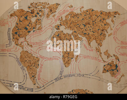 Il clima e i flussi in Europa, Asia, Africa e Australia mappa vecchia. mappa delle correnti del mondo su un albero. Foto Stock