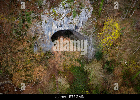 Vista aerea di entrata della caverna nella foresta, da un drone Foto Stock