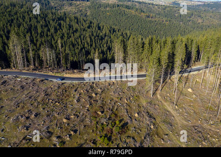 La deforestazione foto aerea. Drone shot della foresta distrutta in Romania. Il riscaldamento globale concetto Foto Stock