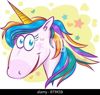 Unicorn faccia cartoon sullo sfondo Illustrazione Vettoriale