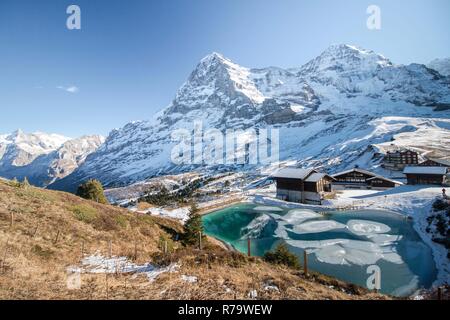 Vista idilliaca sul lago di montagna ghiacciato e sulle montagne innevate di Grindelwald, Svizzera Foto Stock