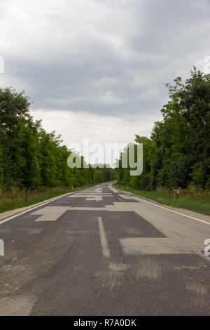 Autostrada vuota riparato con superfici in asfalto attraverso arbusti avenue nel cielo nuvoloso inizio estate al giorno Foto Stock