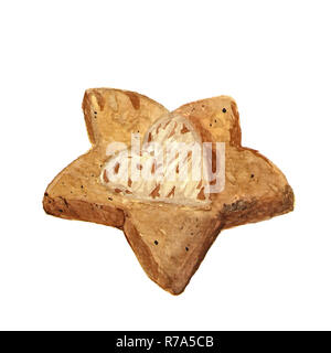 Illustrazione ad acquerello del panpepato stella di Natale biscotti allo zenzero su bianco Foto Stock