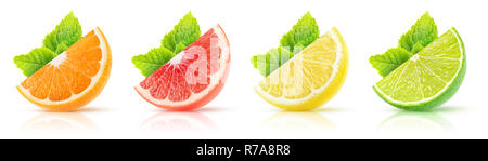 Isolato agrumi collezione. Fette di arancia e pompelmo rosa, limone e lime con foglie di menta su sfondo bianco con tracciato di ritaglio Foto Stock