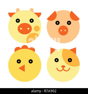 Animale da azienda Set. Vacca, maiale, pollo e Cat Cartoon testa di animale Foto Stock