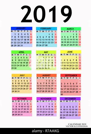 Anno di calendario 2019. Design semplice per il calendario 2019. Calendario su sfondo bianco per organizzazione e business. La settimana inizia il lunedì. Illustrazione Vettoriale