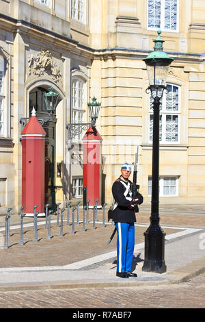 Un Royal Life Guard per la monarchia danese sul dovere di fronte al suo garitta all'esterno il palazzo di Amalienborg a Copenhagen, Danimarca Foto Stock