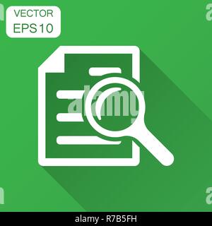 Documento di controllo icona del piano in stile appartamento. Dichiarazione di revisione illustrazione vettoriale con lunga ombra. Documento con lente di ingrandimento Loupe concetto aziendale. Illustrazione Vettoriale