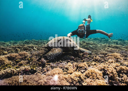 Freediver uomo con graziosi turtle Foto Stock