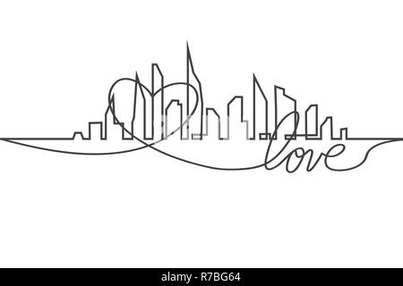 La silhouette della città e nel cuore e amore in continuo le linee di disegno in un appartamento di stile. Moderno paesaggio urbano. Illustrazioni vettoriali. Città grattacieli Ufficio edilizia orizzonte.rappresentazione in linea continua Foto Stock