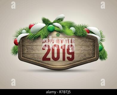 Vettore illustrazione realistica del legno e di Felice Anno Nuovo 2019 bacheca. Gli elementi sono stratificati separatamente in file vettoriale. Illustrazione Vettoriale