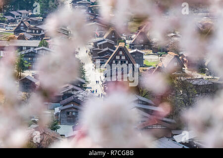 La famosa tradizionale Gassho-zukuri agriturismi a Shirakawa-go village, Giappone. Foto Stock