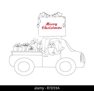 Santa Claus guida auto con i regali di Natale - libro da colorare Illustrazione Vettoriale