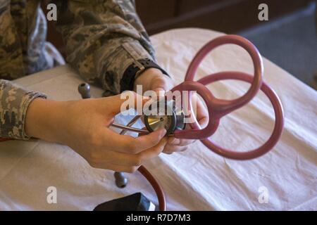 Stati Uniti Air Force Staff Sgt. Melissa A. Seel, un medico aerospaziale tecnico con il 177th Fighter Wing, New Jersey Air National Guard, mantiene il suo stetoscopio durante lo Stand giù 2017 a tutte le guerre Memorial Building di Atlantic City, N.J., 17 maggio 2017. Avieri da entrambi il 108th ala e 177th Fighter Wing volontariamente presso il supporto verso il basso. Il dipartimento del New Jersey American Legion sette mesi fa ha sviluppato il concetto di avente il primo supporto mai giù di Atlantic City. Un comitato direttivo è stata costituita per gestire ogni aspetto dell'evento, di cui circa 1.000 ore mediante la Legione Presidente Foto Stock