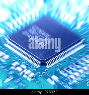 Microchip close-up con sfocatura radiale. Abstract background tecnico Foto Stock