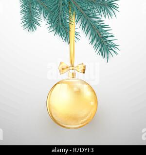 Buon Natale e Felice Anno Nuovo. Vacanze elementi di decorazione. Golden glitter palla di Natale con nastro color oro e bow appeso sul Nuovo Anno Albero. Vect Illustrazione Vettoriale