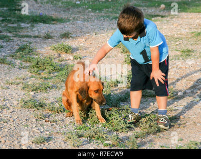 Ragazzo incontrato un senzatetto paura cane al parco. Foto Stock