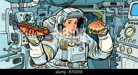 Donna astronauta mangia in una navicella spaziale. Cola, hot dog e Burger fast food. La Pop art retrò illustrazione vettoriale kitsch vintage Illustrazione Vettoriale