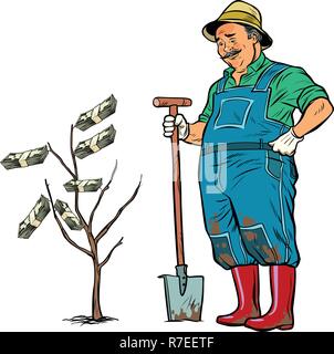 Il vecchio giardiniere cresce di dollari su un albero. La Pop art retrò illustrazione vettoriale kitsch vintage Illustrazione Vettoriale