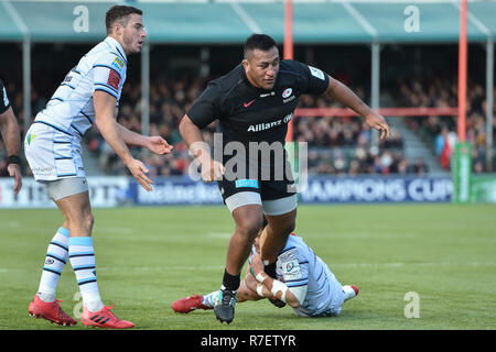 Mako Vunipola dei Saraceni è affrontato durante la European Champions Cup match tra Saraceni e Cardiff blu al Parco di Allianz Domenica, 09 dicembre 2018. Londra Inghilterra. (Solo uso editoriale, è richiesta una licenza per uso commerciale. Nessun uso in scommesse, giochi o un singolo giocatore/club/league pubblicazioni). Foto Stock