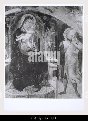 Marche Macerata San Ginesio Oratorio di San Biagio, questa è la mia Italia, il paese italiano di storia visiva, foto della cripta della Collegiata. Gli affreschi illustrano la vita di San Biagio e San Biagio vescovo. Ci sono anche una Madonna e il bambino e gli angeli musicale. Foto Stock