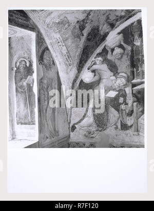 Marche Macerata San Ginesio Oratorio di San Biagio, questa è la mia Italia, il paese italiano di storia visiva, foto della cripta della Collegiata. Gli affreschi illustrano la vita di San Biagio e San Biagio vescovo. Ci sono anche una Madonna e il bambino e gli angeli musicale. Foto Stock