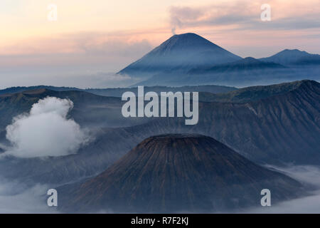 Alba sul fumo Gunung vulcano Bromo, Bromo-Tengger-Semeru National Park, Java, Indonesia Foto Stock