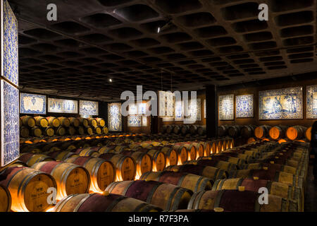 Botti di vino in una cantina decorata con antichi azulejos, Bacalhoa Cantina, Azeitao, penisola di Setubal, Portogallo Foto Stock