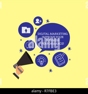 Conceptual la scrittura a mano che mostra il marketing digitale migliora il tuo Business Perforanalysisce. Business photo presentazione di social network annunci mano azienda Me Foto Stock
