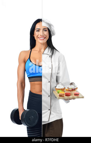 Ragazza sani in due occupazioni di fitness coach e pasticceria isolati su sfondo bianco. Una metà di una pasticceria in uniforme tenendo dessert su t Foto Stock