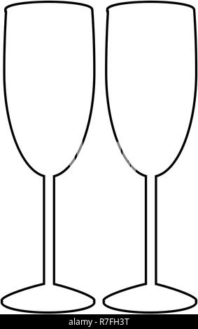 Contorno nero silhouette di un paio di champagne o vino bicchieri su sfondo bianco. Icona Cheers. Fragili o imballaggio simbolo di vetro, segno, clipart. Monoc Illustrazione Vettoriale
