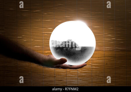 Sfera di cristallo con il nero e il bianco paesaggio doppia esposizione Foto Stock