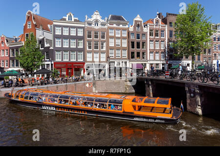 Crociera turistica barca sul canale Prinsengracht in Amsterdam, Paesi Bassi Foto Stock